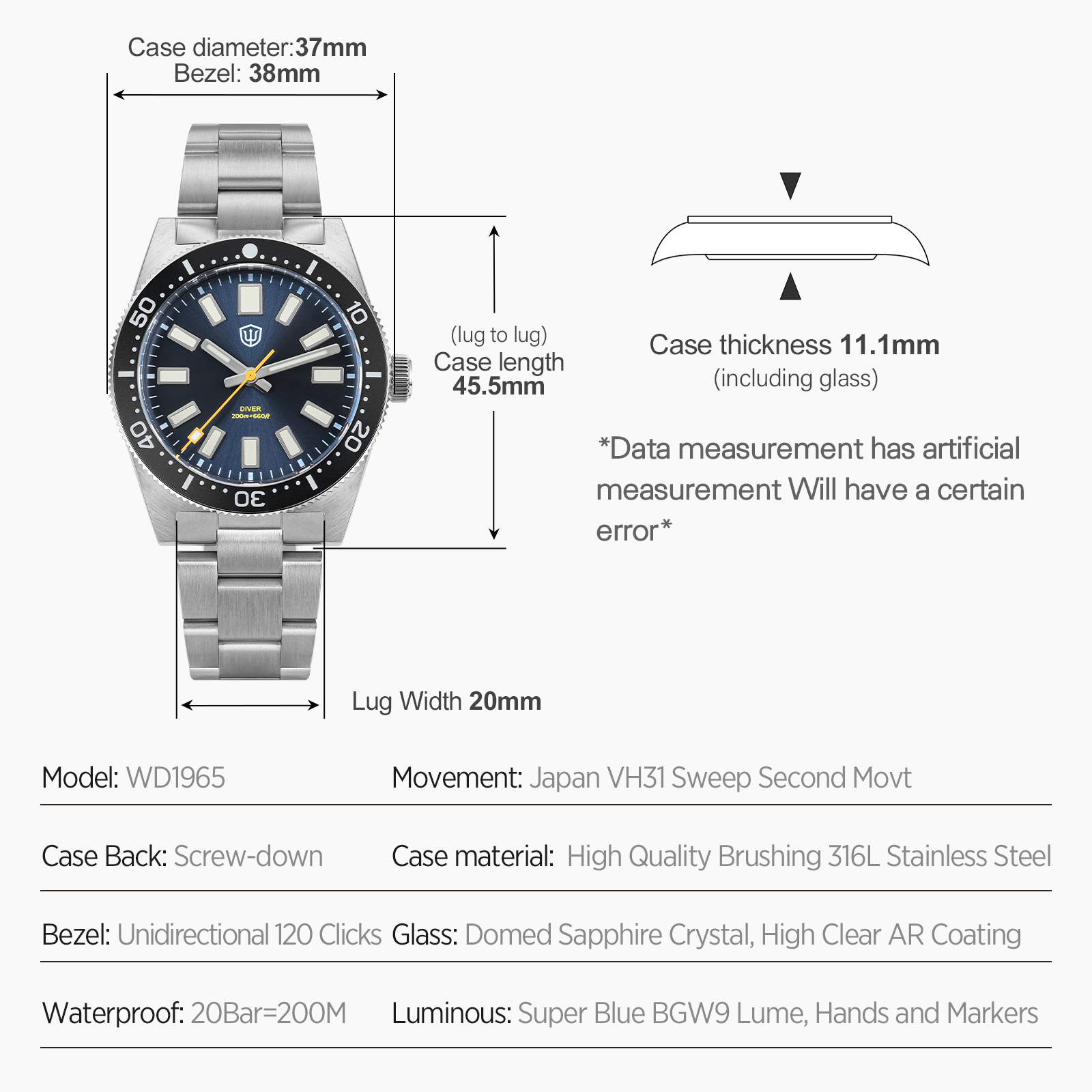 Watchdives 37Mm WD1965 V2 Man  - Luxury Watch With Bracelet ulasan dan harga